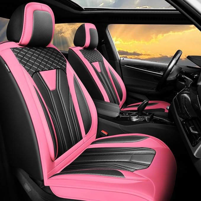 Fit Titan Car Seat Covers Premium Leather for Nissan Titan 2009-2023 2024. Waterproof， Breathable, Scratch-Resistant & All-Weather Seat Cushion Protector（Full Set,Pink&Black by Unknown
