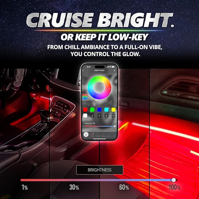 OPT7 Aura Pro Multicolor Interior SUV & Van Lights w/App & Remote, 6PC Kit | Extended Interior Lighting, RGB Ambient Footwell Glow, Full SUV Coverage, Sound Sync, 3-Row Car Decor, 12V LED Strips - Image 5