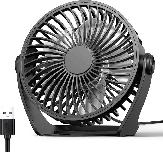 Edvision USB Desk Fan, 5 Inch Small Portable, 3 Speeds Powerful Wind Mini Personal Desktop Fan 360° Rotation Adjustable, Plug In USB Fan Quiet for Table Home Office Travel Car(Black) by Edvision