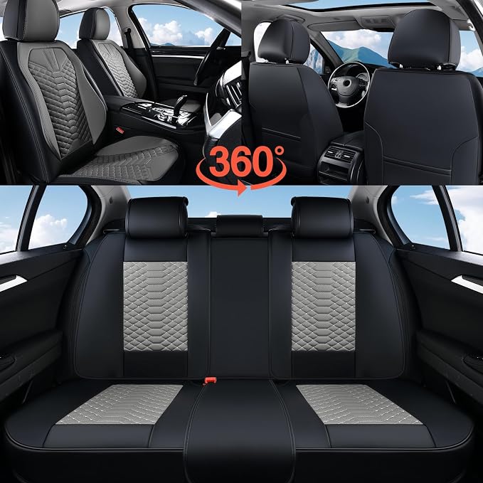Coverado Seat Covers Full Set, Waterproof Nappa Leather Seat Covers for Cars, 5 Seats Universal Car Seat Protectors, Black and Gray Automotive Seat Covers Car Seat Cushions Fit for Most Cars - Image 6