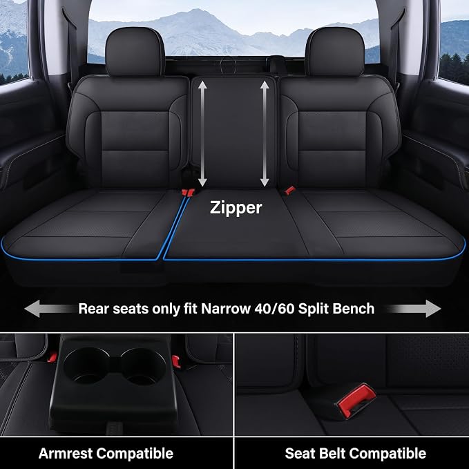 Coverado Silverado Seat Covers Full Set, Faux Leather Car Seat Covers Fit for Chevy Silverado GMC Sierra 2007-2013 & 2019-2026 1500, 2020-2026 2500HD 3500HD Crew Double Extended Cab(Blueline) - Image 3