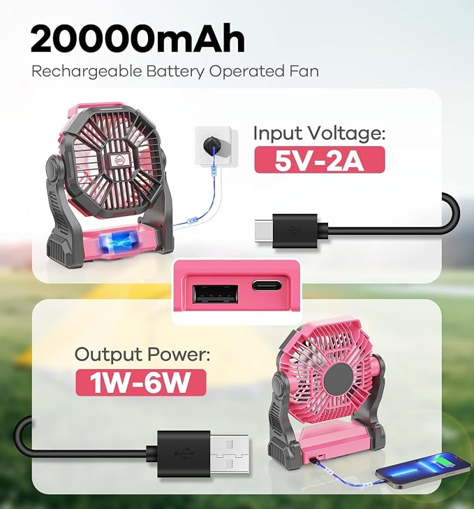 DOWILLDO 30000mAh Portable Battery Powered Camping Fan - with LED Light, Quiet Battery Operated, Camping Gear for Travel, Tent, Beach, Car or Hurricane Power Outages, Pink - Image 3