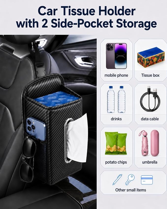 COZILO Leather Car Tissue Holder for Front & Back Seats, Car Tissue Box with 2 Side Mesh Pockets, Wide Metal Opening for Easy Pull, Fits 100–160 Count Rectangular Tissue Boxes, Carbon Fiber - Image 5