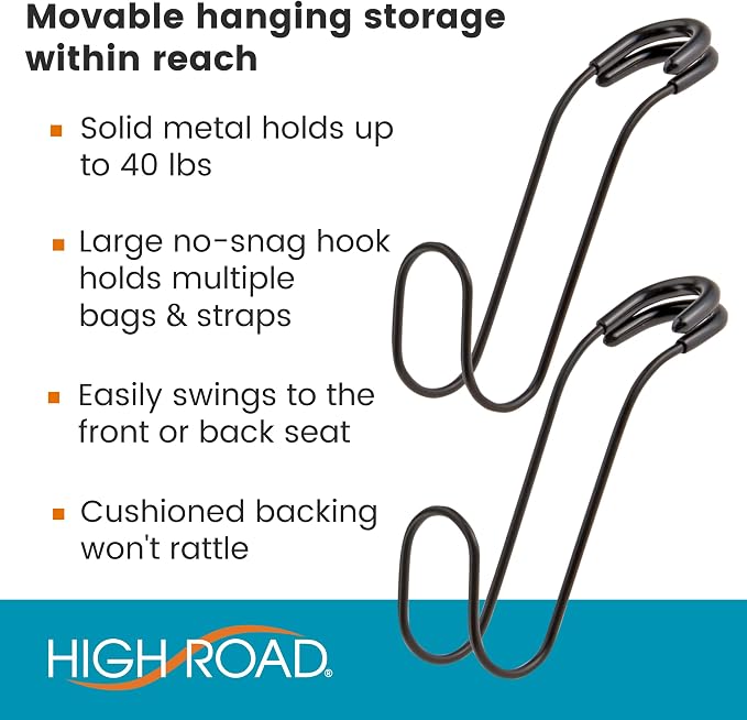 High Road Metal Car Hooks for Large Purse Straps and Heavy Bags | Set of 4 Car Headrest Hooks Fit All Sized Metal Posts - Secure Cushioned Attachment Won't Slip Off or Rattle - Image 2