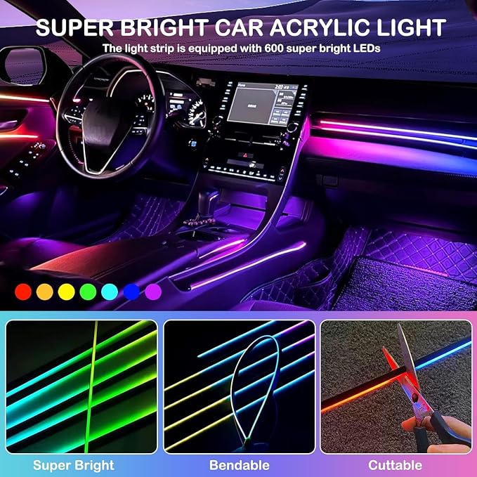 Acrylic Car Interior LED Lights, 6-in-1 Fiber Optic Ambient Lighting Kit | Wireless APP Control, 16 Million Colors, Music Sync and DIY Modes for Car Interior Decoration and Ambient Lighting - Image 4