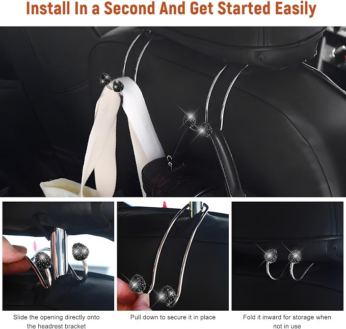 2 PCS Car Headrest Hooks Decorations, Bling Strawberry-Shaped Auto Backseat Hangers, Stainless Steel Purse Hook Diamond Seat Back Storage Holder for Most Cars Trucks SUVs (Black) - Image 3