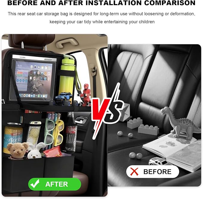 2 PCS Car Backseat Organizer with Tray, Waterproof Back Seat Protector with Touch Screen Tablet Holder, 11 Storage Pockets Anti-Scratch Kick Mat Universal for Family Road Trips - Image 4
