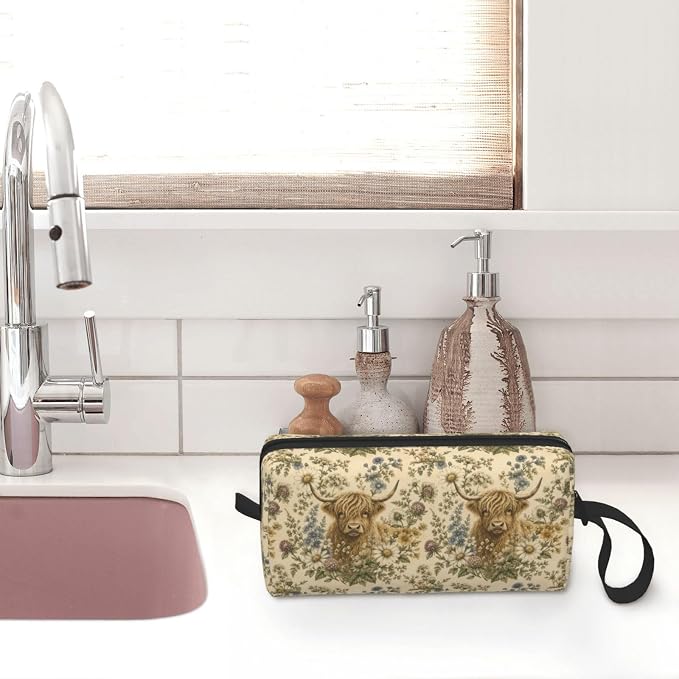 Highland Cow Wildflower Meadow Small Makeup Bag for Women | Double-Sided Highland Cow Floral Cosmetic Organizer with Foam Padding for Women, Travel, Gym, School, and Daily Storage - Image 7