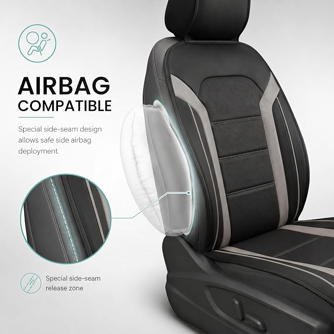 FH Group Front Set Faux Leather Car Seat Covers Cushions for Low Back Seat, Universal Fit, Airbag Compatible Seat Cover for SUV, Sedan Gray/Black - Image 4