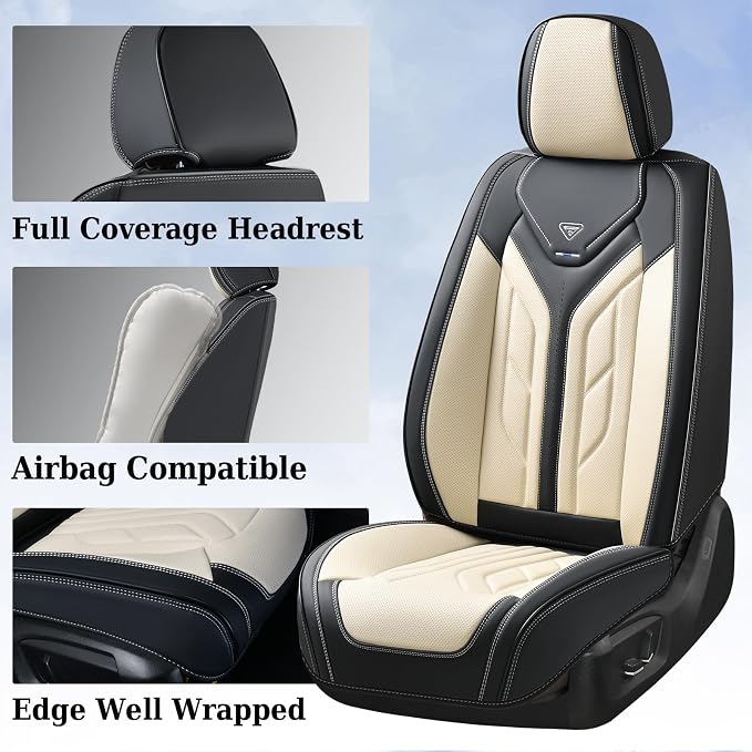 Coverado Seat Covers, Car Seat Covers Full Set, Leather Seat Covers for Cars, Automotive Seat Covers Car Seat Protector Car Accessories Fit for Most Sedans SUV Pick-up Truck(Black&Beige) - Image 3