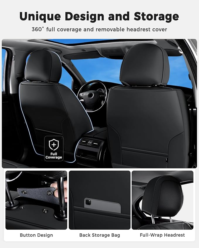 Huidasource Car Seat Covers Full Set Luxury Nappa Leather, Seat Cover with Velcro Adjustable, Airbag, Lumbar Support, Cooling and Heating, Car Seat Covers Universal Fit for Most Cars SUV Trucks, Black - Image 6