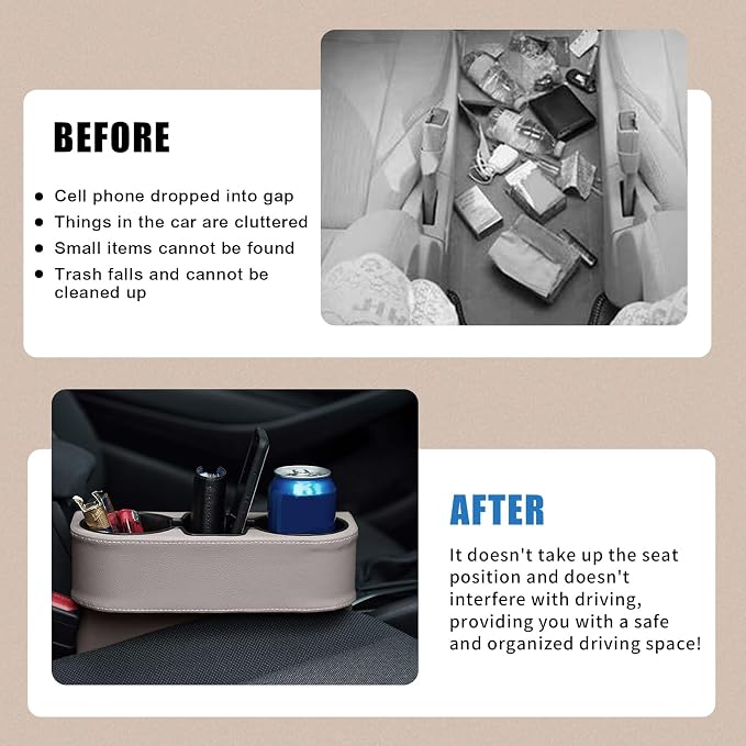 Car Cup Holder, PU Leather Auto Front Seat Organizer, Multifunctional Cup Drink Holders, Gap Filler Storage Box Coin Bucket Console Side Pocket Cell Mobile Phone Holder (Gray) - Image 4