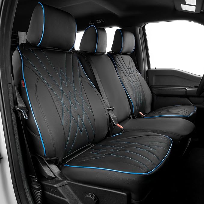 EKR F150 Seat Covers Custom Fit for (2 Door,SuperCab/Extended Cab) 2015-2020 Ford F150 XL/XLT/Lariat & 2017-2022 F250/F350 SuperDuty XL/XLT/Lariat Full Set-Faux Leather(Black with Blue Trim) by EKR