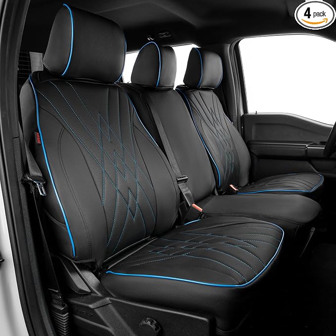 EKR F150 Seat Covers Custom Fit for (SuperCab) Ford F-150 STX 2024-2026 & F150 XL/XLT 2021-2026 & Lariat 2021-2022 Full Set,(2 Door,Rear W/NO Armrest) -Faux Leather(Black with Blue Trim) by EKR