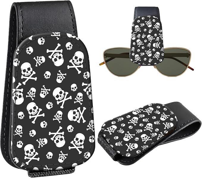 Leather Magnetic Sunglass Holder for Car Sun Visor, Cute Eyeglass Ticket Card Hanger Clip, Universal Auto Interior Accessories for SUV Pickup Truck, Skull Pattern by Unknown
