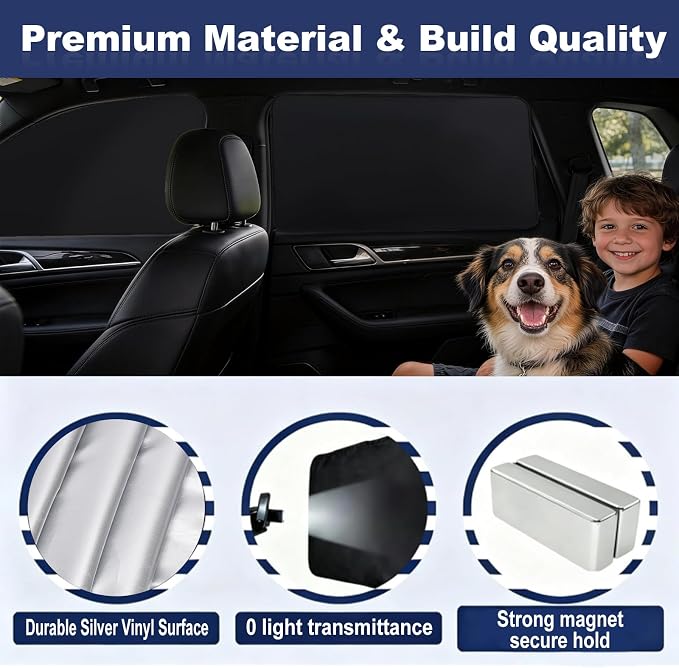 XCBYT Magnetic Car Window Shades for Side Window, 100% Blackout Privacy | 4-Pack Heat & UV protection reflective cooling for camping and work break. Fits iron frames only, measure first - Image 7