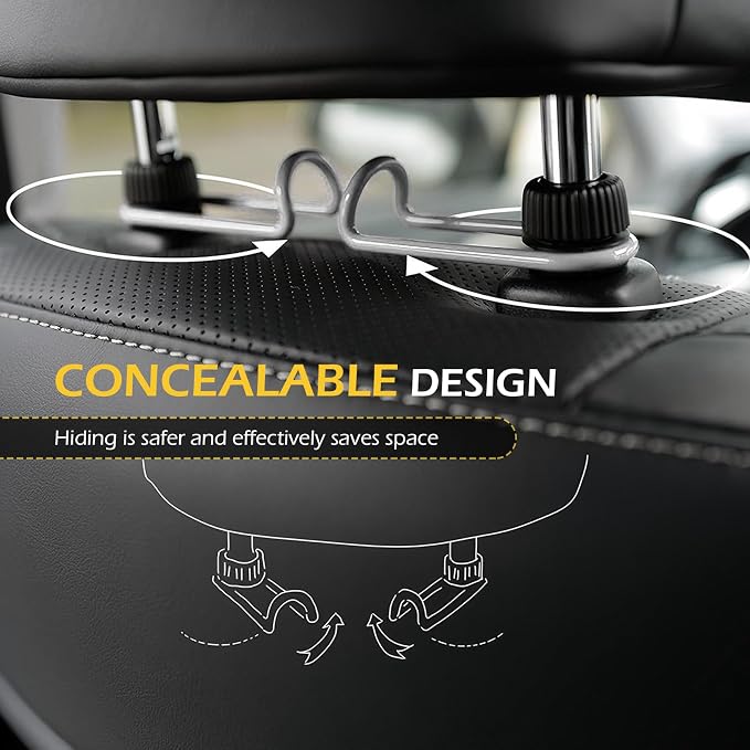 2 PCS Headrest Hooks for Car, 10KG Ultra High Load Bearing Alloy Concealable Swivel Buckle Design Headrest Pole Hook, Seat Headrest Storage Accessory, SayGoodbye to The Messy Space！ (Black) - Image 4