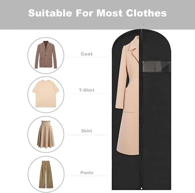 Dress Bags for Gowns Long, 65'' Garment Bags for Hanging Clothes, Suit Bag Cover for Storage and Travel (Black) - Image 3