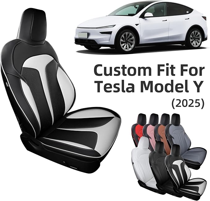 Custom Seat Covers for 2025 2026 Tesla Model Y Juniper 5-Seater Black+White | Waterproof Breathable Nappa Leather, OEM Factory Style Full Set, Full Coverage Design with Armrest Covers, Airbag Compatible - Image 9