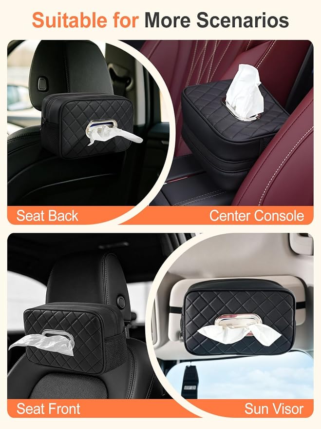 2PCS Multi-functional Car Tissue Holder with ‌2 Tuck Nets, Tissue Box Cover | Diamond Pattern, Upgraded PU Leather, Large Rectangle,White Napkin Storage Organizer, Keep Car Tidy - Image 4