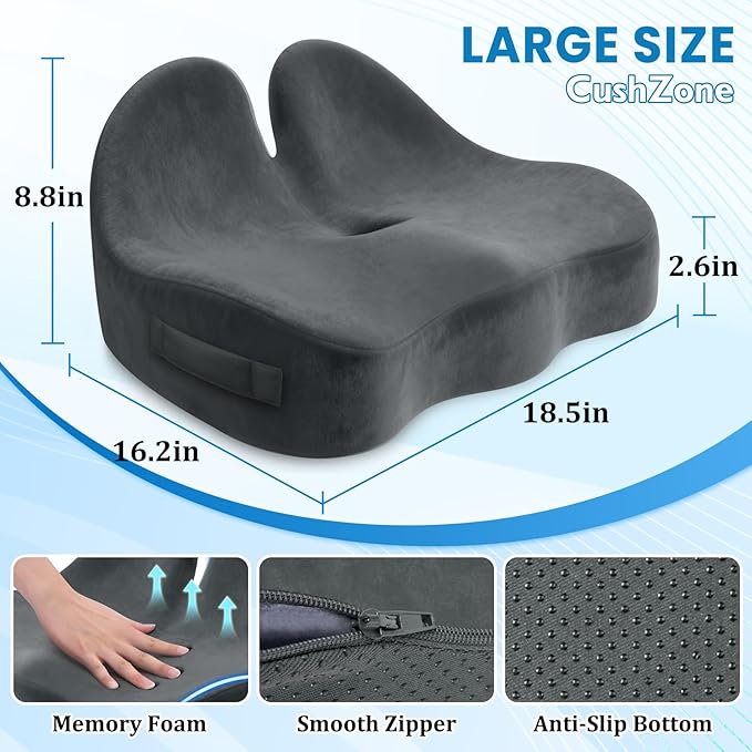 CushZone Ergonomic Seat Cushion, Sciatica Support for Office Chair, Grey | Large Size for Sciatica & Hip & Tailbone Pain Relief, Memory Foam Office Chair Cushion for Car, Long Trip, Desk Chair, Lab - Image 7