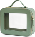 Clear Makeup Bag Mahjong Tile Bag with Zipper and Handle Sage Green | Structured Large Travel Makeup Bag for Toiletries for Women, Big Long-trip Cosmetic Case, Waterproof PU Leather, Wide Opening by POPVIBE