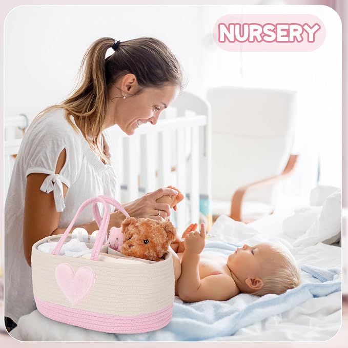Aliceset Large Baby Diaper Caddy for Girl Boy Rope Nursery Storage Bin Basket Portable Holder Tote Bag for Changing Table Car Travel Baby Shower Gifts Newborn Essentials Registry Must Have(Pink Heart) - Image 4