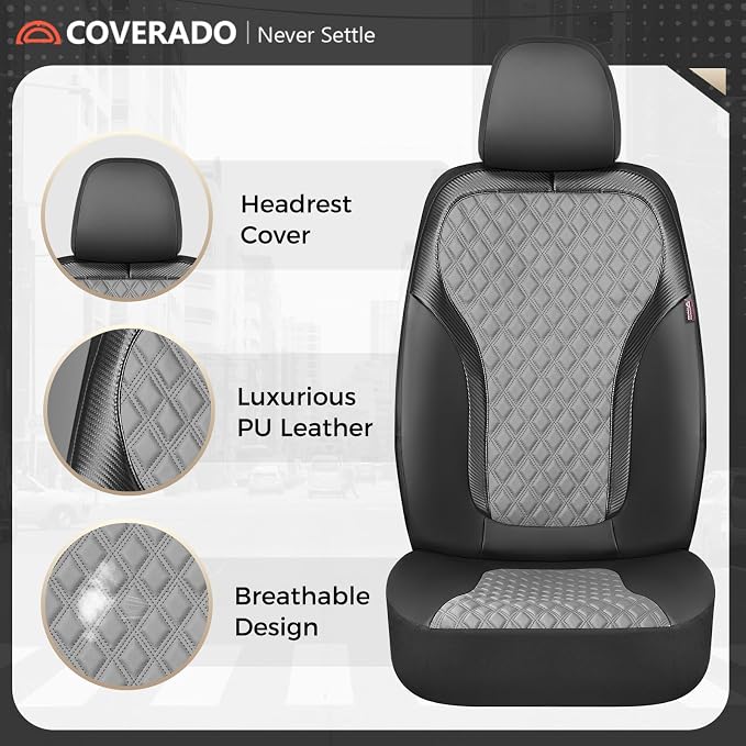 Coverado Front Seat Covers, 2-Pack Luxury Leather Car Seat Cover with Carbon Fibre Weave Design, Waterproof Car Seat Protectors, Driver Seat Covers Universal Fit for Cars SUV Trucks, Black Gray - Image 5