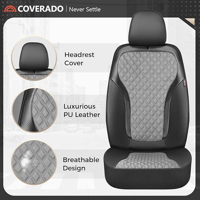 Coverado Car Seat Covers 5 Seats, Leather Seat Covers Full Set, Carbon Fiber Textured Design, Durable Waterproof Seat Protectors, Black&Gray Seat Cover, Automotive Seat Covers Universal Fit Most Cars - Image 4