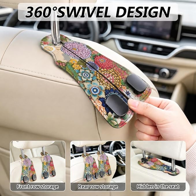 Cute Boho Floral Car Seat Back Storage Headrest Hooks for Purses & Bags – 2PCS PU Leather Dual Metal Hooks, Backseat Organizer Accessories - Image 4