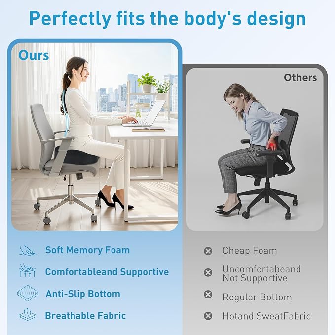 BlissTrends Thick Seat Cushion for Office Chair & Car Seat, XL, Grey | Memory Foam with Removable Cover, Ergonomic Tailbone & Sciatica Support for Pressure Relief and Long Sitting, 3.9" Thick - Image 6