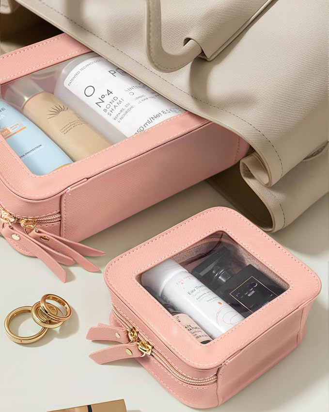 2 Pcs Travel Clear Makeup Bag Set, Clear Makeup Organizer with Zipper Leather Travel Bags for Toiletries Small Cosmetic Bags for Women Mini Make up Pouch Toiletry Bags Car Essentials - Image 3
