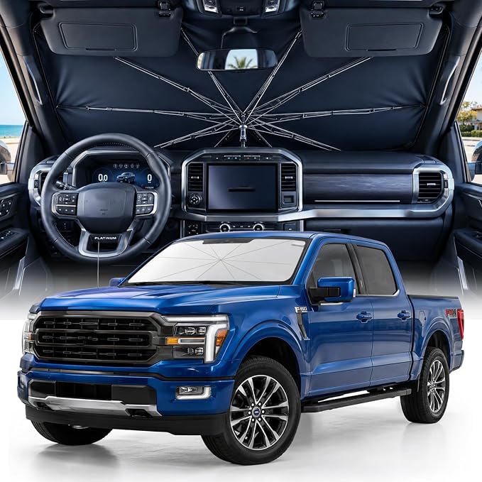 Weektic Truck Windshield Sun Shade Umbrella for F-150/Silverado/Tundra/RAM 1500/Sierra - Double Thickened Ice Crystal Coating, Sun & Heat Protection, Keep Vehicle Cool & Protect Interior by Weektic
