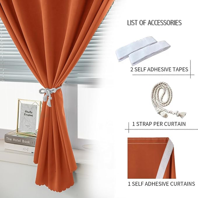Self Adhesive Curtains Portable Blackout Curtain Simple and Easy to Install Bedroom Window Thermal Lnsulated Kitchen Room Darkening Black Small Drapes, 35" W X 79" L, Orange, 1 Panel - Image 2