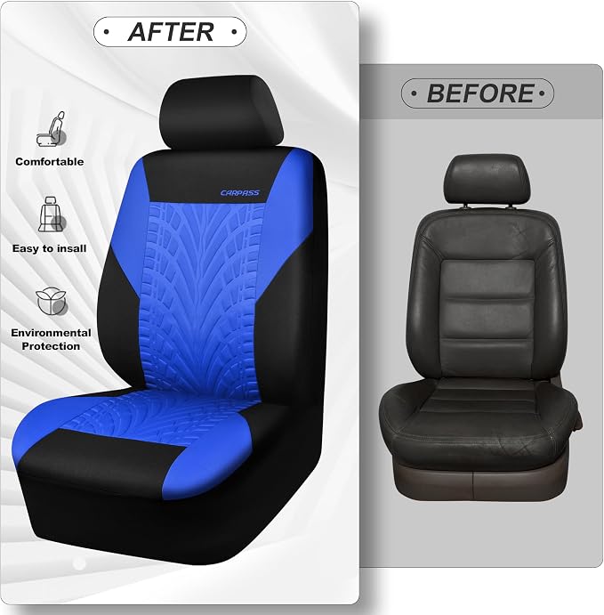 CAR PASS Car Seat Covers Full Sets, Front & Split Rear Bench for Car, 3D Tyre Embossed Automotive Interior Covers, Airbag Compatible, Quick Setup Universal Fit Seat Covers for Car, SUV(Black Blue) - Image 6