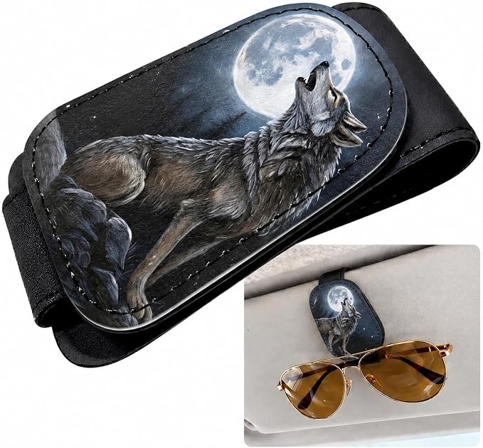 Black Wolf Car Sunglasses Holder Universal Magnetic Visor Accessories | Cool Lone Wolf Cars Accessories Leather Glasses Clip for Sun Visor Eyeglass Hanger Organizer for Women and Men Gifts Decor by TRXYQ