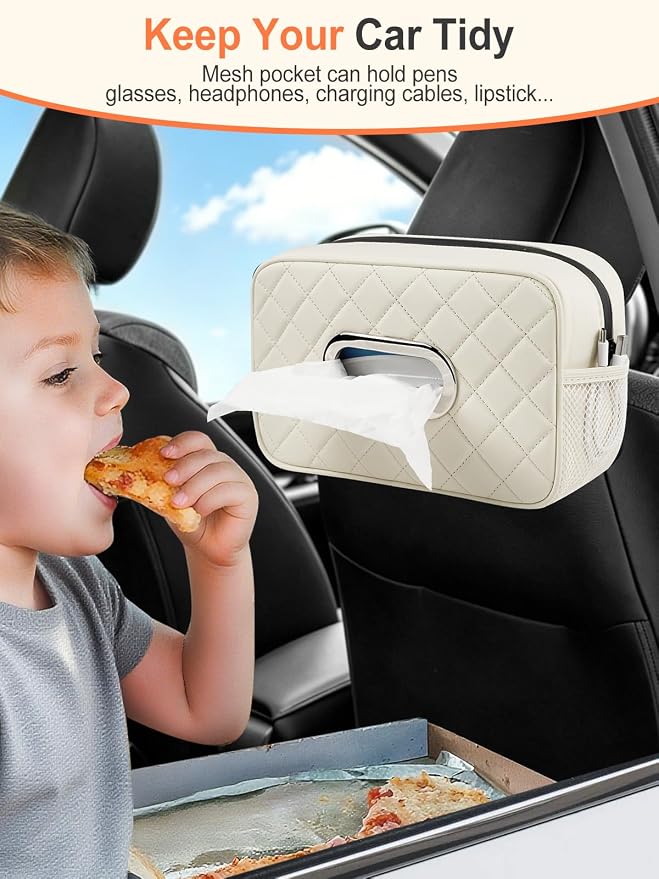 Multi-functional Car Tissue Holder with ‌2 Tuck Nets, Tissue Box Cover | Diamond Pattern, Upgraded PU Leather, Large Rectangle,White Napkin Storage Organizer, Keep Car Tidy - Image 5
