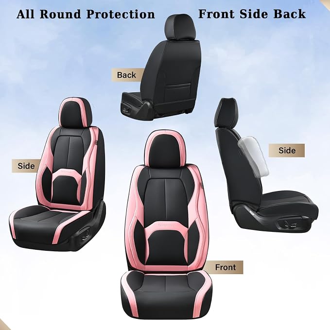 Coverado Seat Covers, Car Seat Covers Front Seats, Nappa Leather Seat Covers for Cars, Waterproof Car Seat Protector with Lumbar Support, Front Seat Covers Universal Fit for Most Cars (Black&Pink) - Image 5
