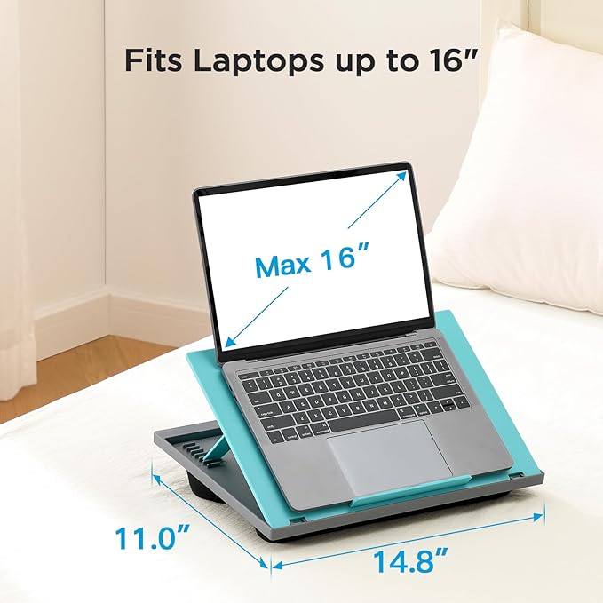 HUANUO Lap Desk with 8 Adjustable Angles – Up to 15.6" Laptop, Turquoise | Dual-cushion base, carry handle, 30% thicker for durability, wider anti-slip ledge, for home office, sofa, bed, car - Image 4