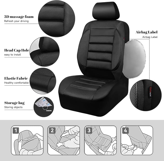 CAR PASS Breatherable Air Mesh Car Seat Covers Full Set, 3D Foam Back Support Automotive Seat Covers, All Season Car Seat Cover Fit Automotive,SUV,Sedan,Van, Airbag Compatible (Black) - Image 7