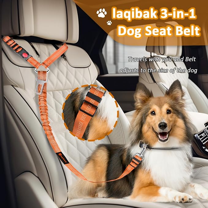 Laqibak Removable Dog Seat Belt Harness for Car, 3 in 1 Pet Seatbelt Leash | Retractable Headrest-Mounted,Restraint & Adjustable Reflective Bungee Dog Seatbelt Tether,Orange - Image 2