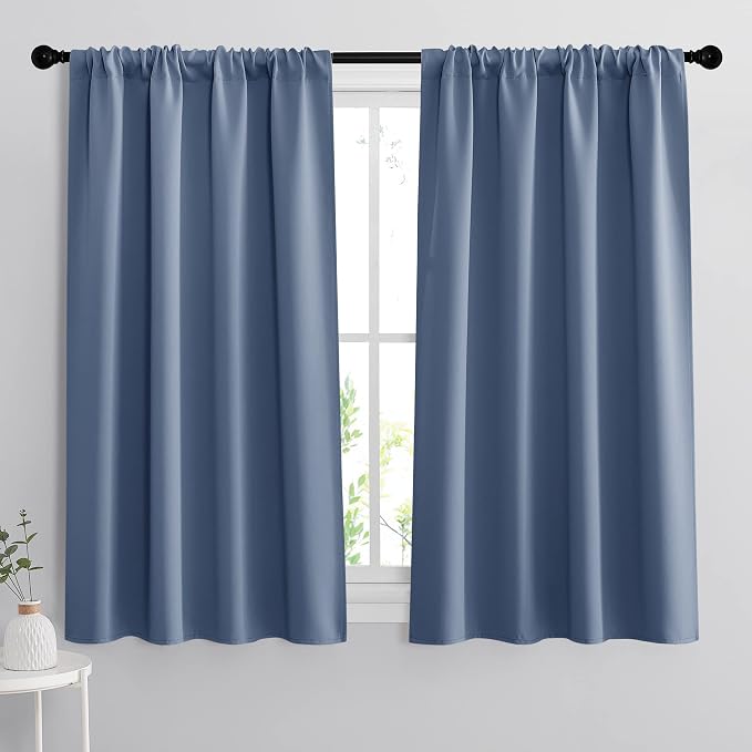 RYB HOME Short Blackout Curtains for Bedroom, Room Darkening, Rod Pocket | Thermal Insulated,Summer Heat Light UV Blocking,Triple-weave Fabric,Nursery Kitchen Bathroom,W42 x L48,Stone Blue,2 Panels by RYBHOME