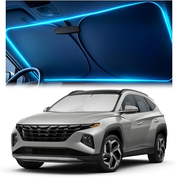 Windshield Sun Shade for Hyundai Tucson 2022 2023 2024 2025 2026 – Custom Fit Sun Shield with Mirror Cut‑Out, Blocks Heat & UV, Foldable with Storage Pouch - Hyundai Tucson Windshield Sunshade by Autopect