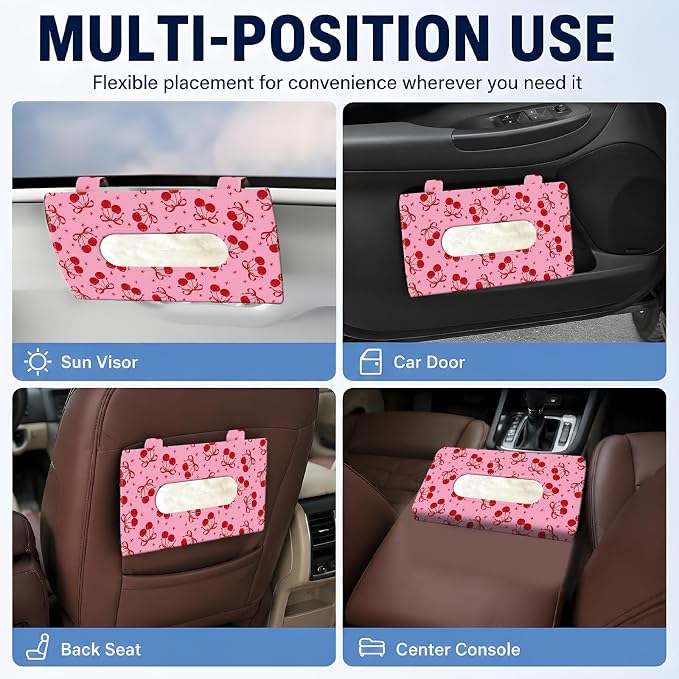 Car Tissue Holder, Cute Sun Visor Napkin Holder Backseat Tissue Case, PU Leather Tissue Box, Funny Car Accessories for Women Men Pink Red Cute Cherry Bowties - Image 5