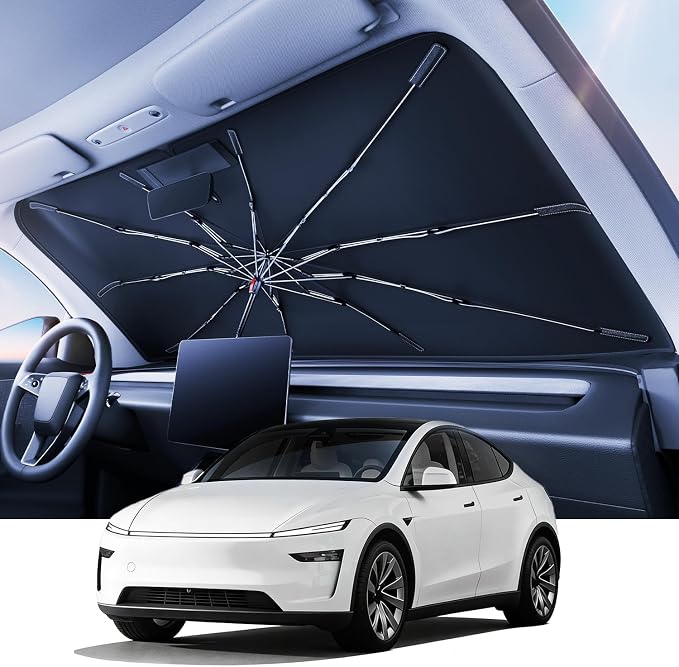 REEVAA Windshield Sun Shade Umbrella for Tesla, Nissan, Honda, K12 | Stay Cool in Summer, 6-Layer Heat Defense Blocks Sun & Heat, Precision Fit for Tesla, Nissan, Honda, Durable 30-Rib Frame by REEVAA