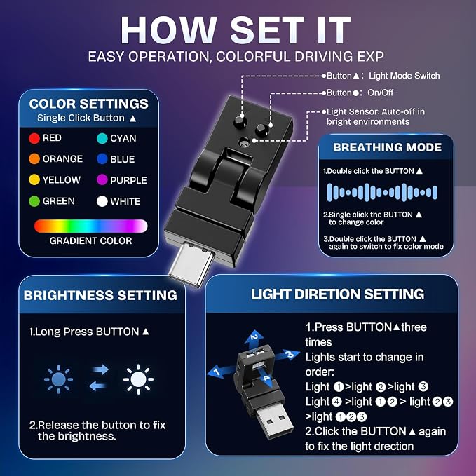 Frienda 2 Pcs Mini USB Light Car LED Interior Light, Manual Switch Type-c | 5v RGB Foldable Lighting, Adjustable 8 Color and Brightness, Smart USB Night Lamp for Cars Laptop Keyboard - Image 4