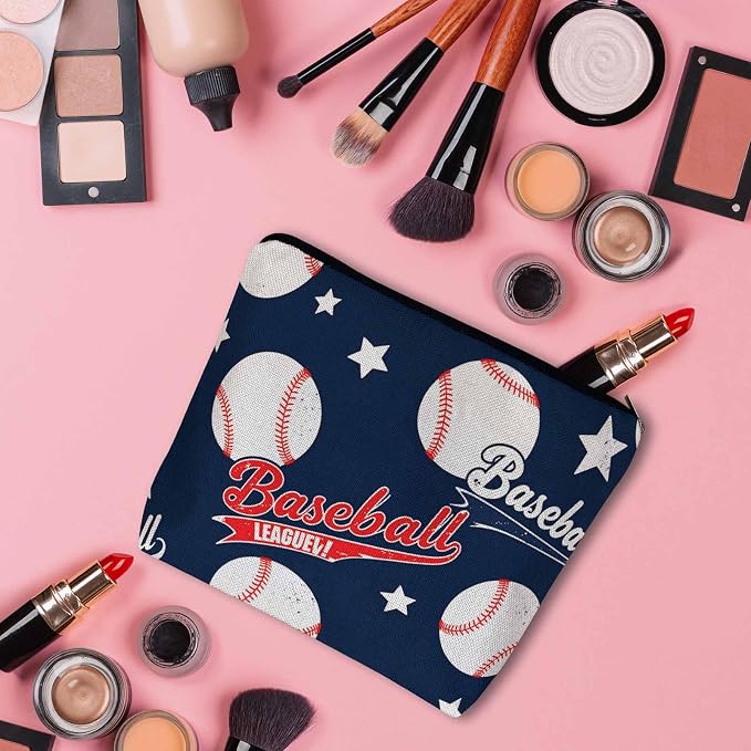 Baseball Makeup Organizer Bag Cosmetic Bag For Men Women, Sports Ball Softball Baseball Blue Travel Toiletry Bag Flax Makeup Bags Purse Business Makeup Pouch For Toiletries Cosmetics - Image 3