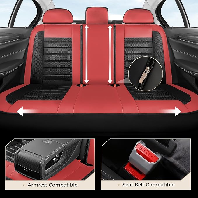 Coverado Car Seat Covers Full Set, Luxury Leather Car Seat Covers, Automotive Front and Rear Mesh Seat Covers, Full Set 5 Seats, Black Red Seat Covers for SUV Sedan Truck - Image 4