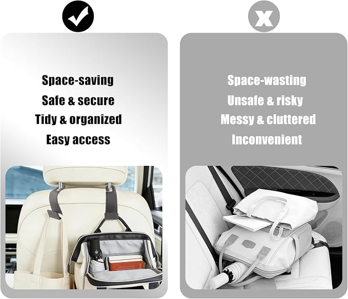 2-Pack Car Headrest Hooks, 1.1-Inch Wide Purse Hangers, Grey | Microfiber leather hooks with built-in metal cores keep purses, groceries and backpacks organized and within reach - Image 7