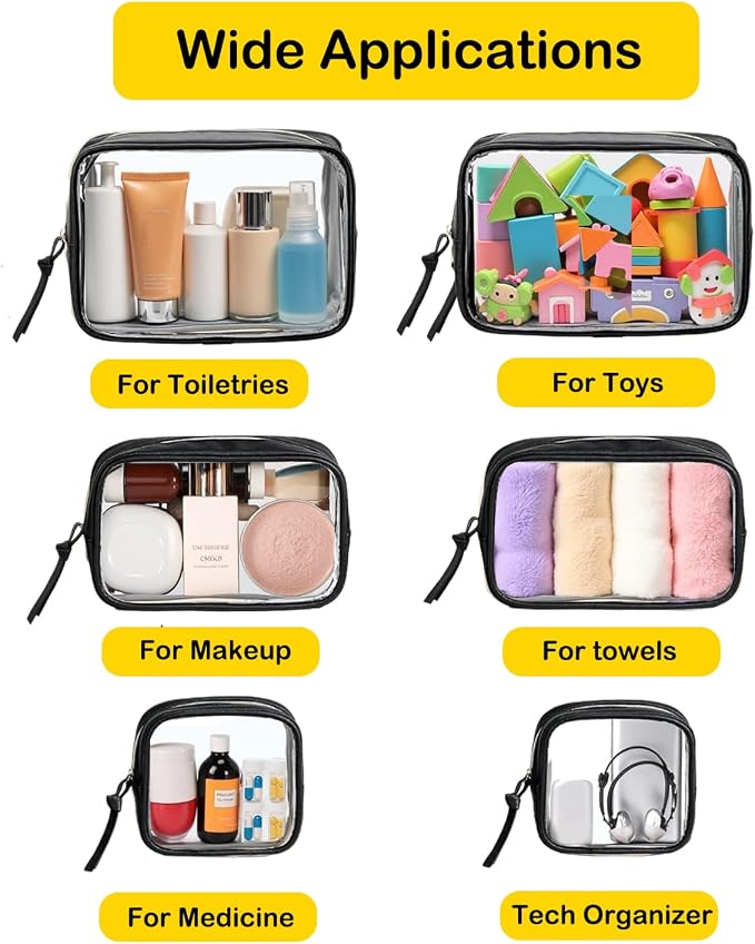 3Pcs Travel Clear Makeup Bag Set for Women, Transparent Toiletry Bag with Zipper Portable Makeup Pouch Organizer Waterproof Small Cosmetic Bag Compact Car Bag Organizer Car Accessories (Black Set) - Image 4